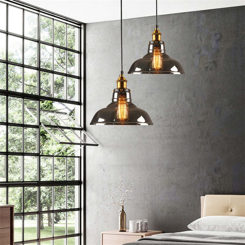 Industrial Glass Hanging Lamp Metal Frame Adjustable Drop Fixture for Kitchen Dining Living Spaces Clear Amber Smoke | Thomler