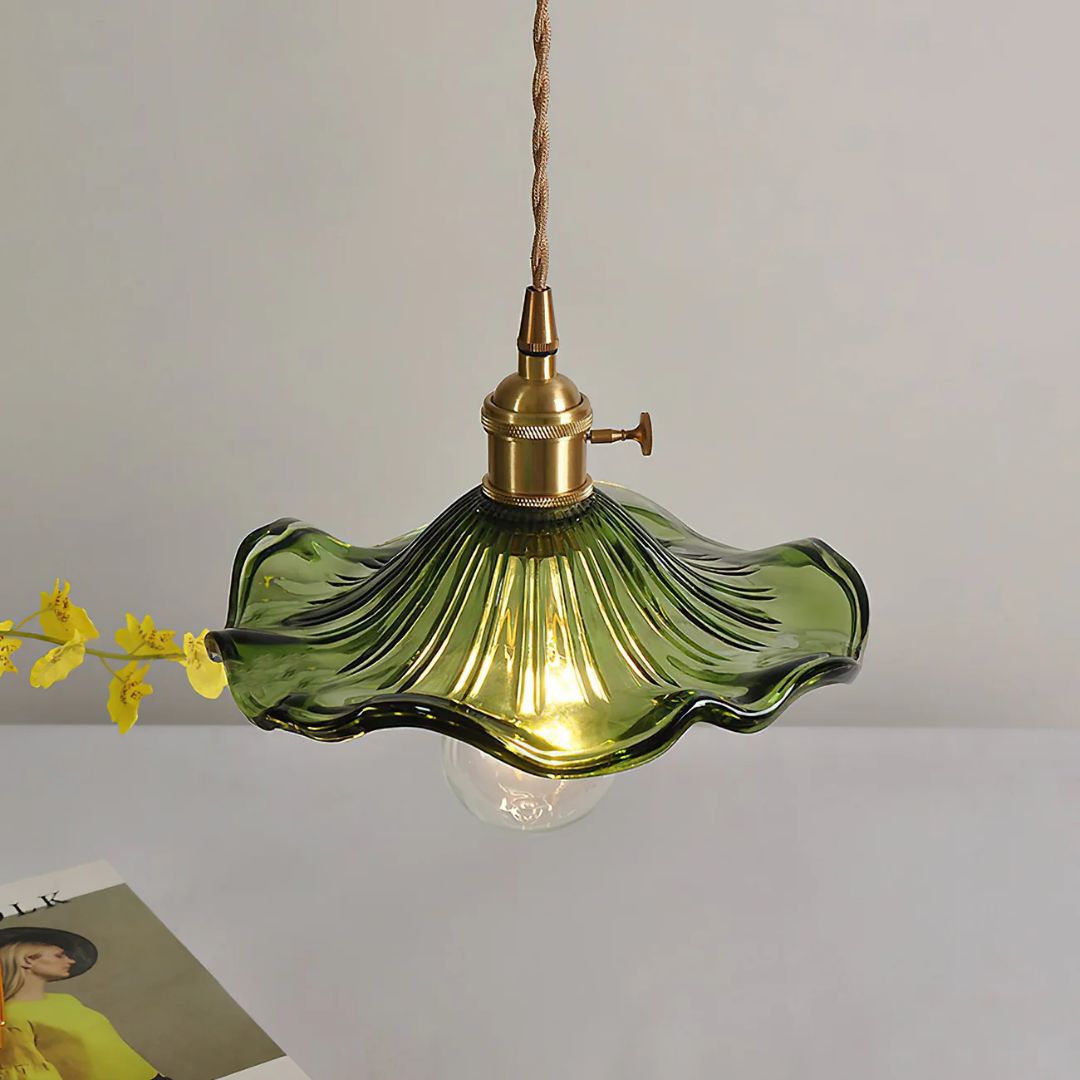 Pendant Light Glass Brass Flower Shade 23.0 cm Green Dining Room Bedroom Hanging Ceiling Lamp Retro Vintage Decorative | Thomler