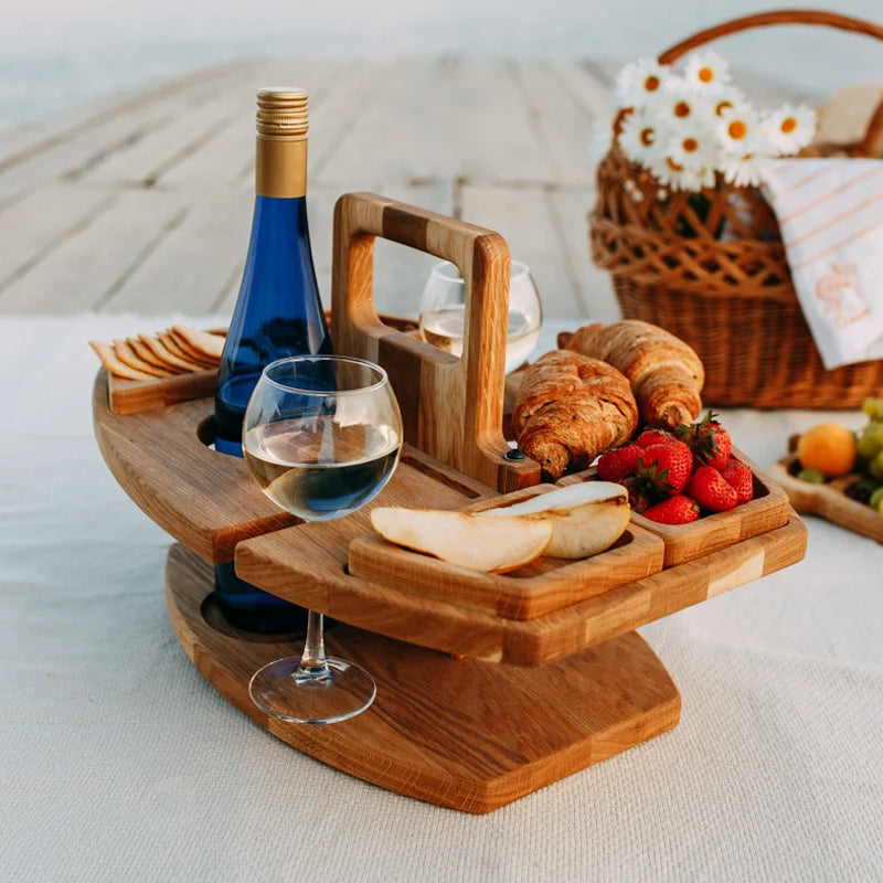 Portable Wooden Wine & Picnic Table with Carry Handle for Outdoor Dining | Folding Wine Caddy Tray for Beach, Park, Camping | Solid Wood | Thomler