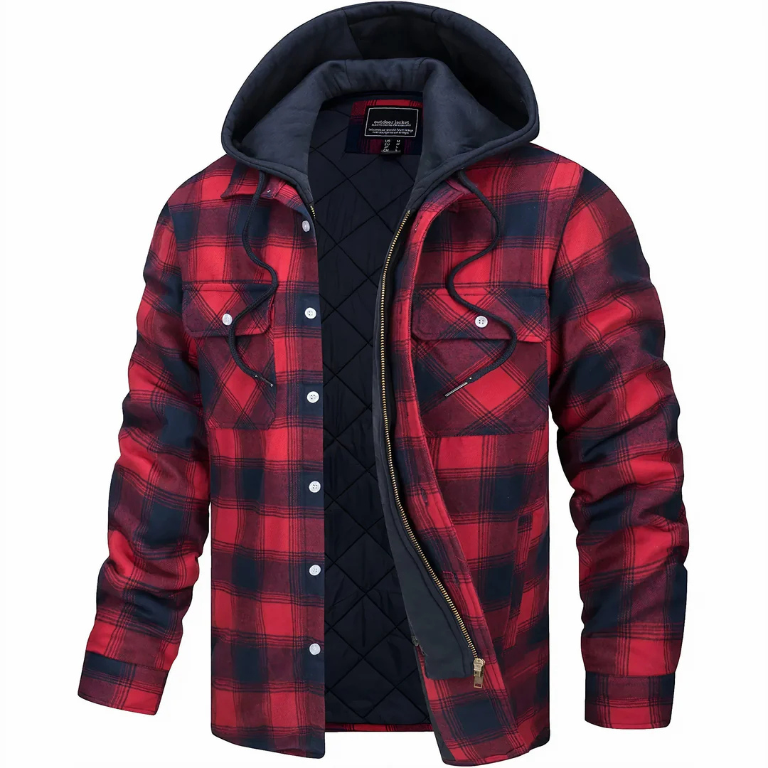 Quilted Plaid Flannel Shirt Jacket with Removable Hood for Men – Warm Cotton Blend Overshirt for Fall Winter | Thomler