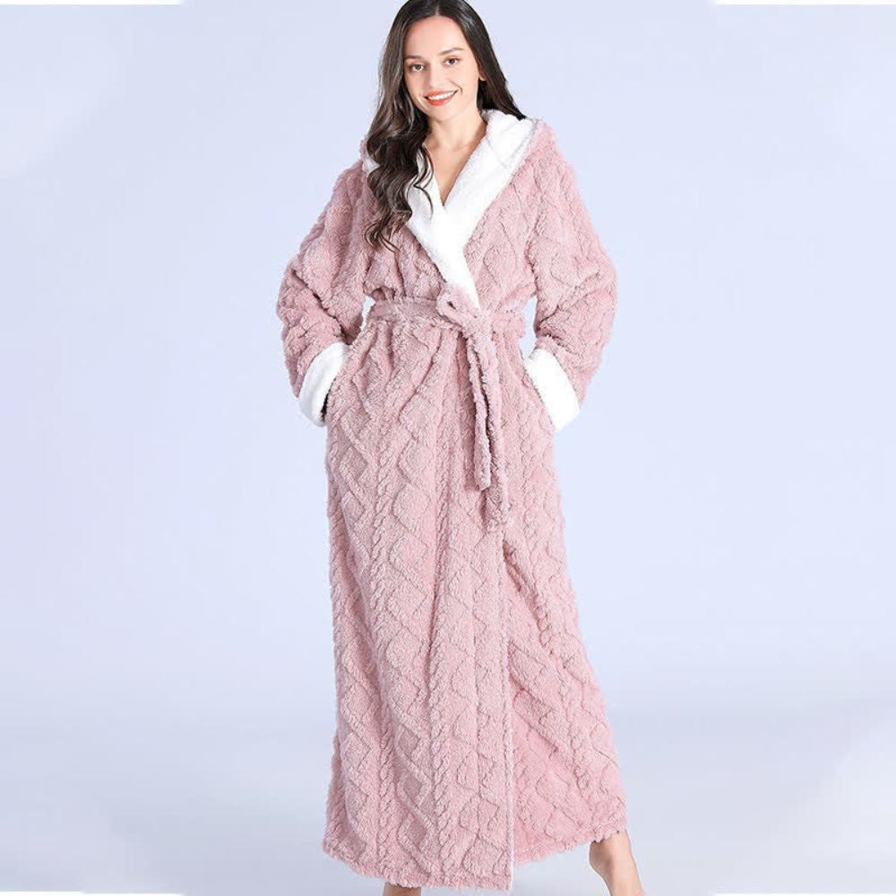 Women's Hooded Fleece Bath Robe with Pockets Long Soft Loungewear for Home & Spa Gray Pink Purple Green Winter Wrap | Thomler