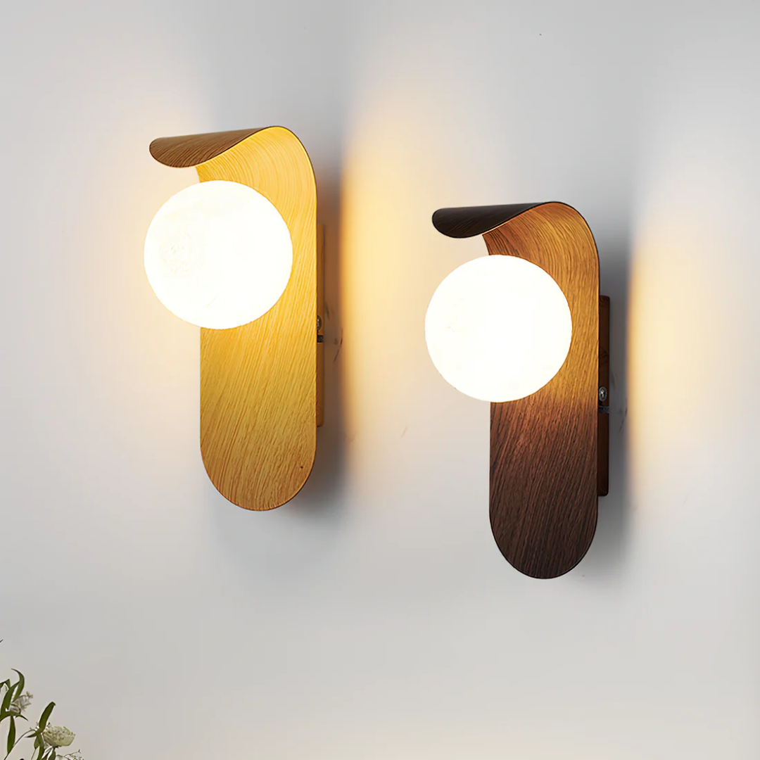 Modern LED Wall Sconce with Curved Wood Arm & Frosted Globe – Warm White Light for Bedroom, Living Room & Hallway – Natural or Walnut Finish | Thomler
