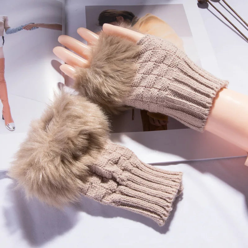 Soft Knit Fingerless Hand Warmers with Plush Faux Rabbit Fur Trim for Women – Stretchy Half-Finger Mittens for Texting & Typing in Cold | Thomler