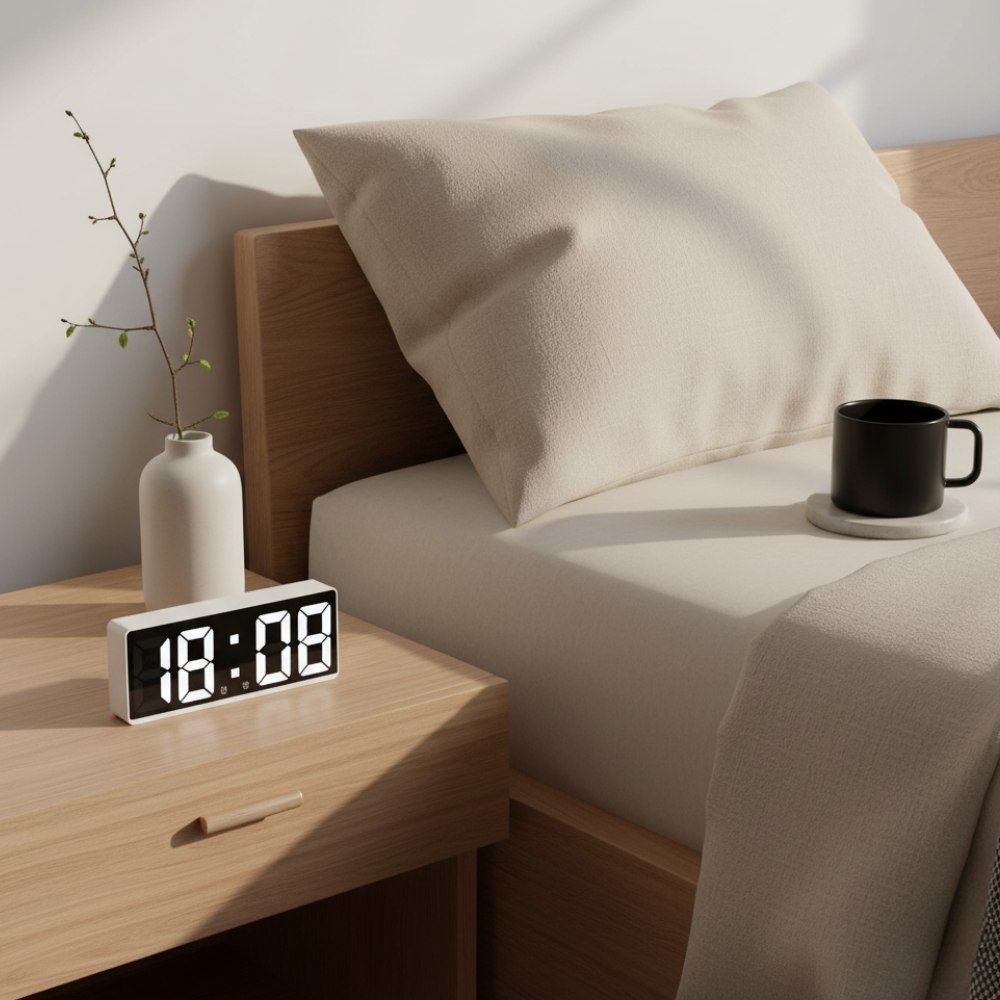 Mirrored LED Bedside Clock – Time, Temp & Alarm Display | Thomler