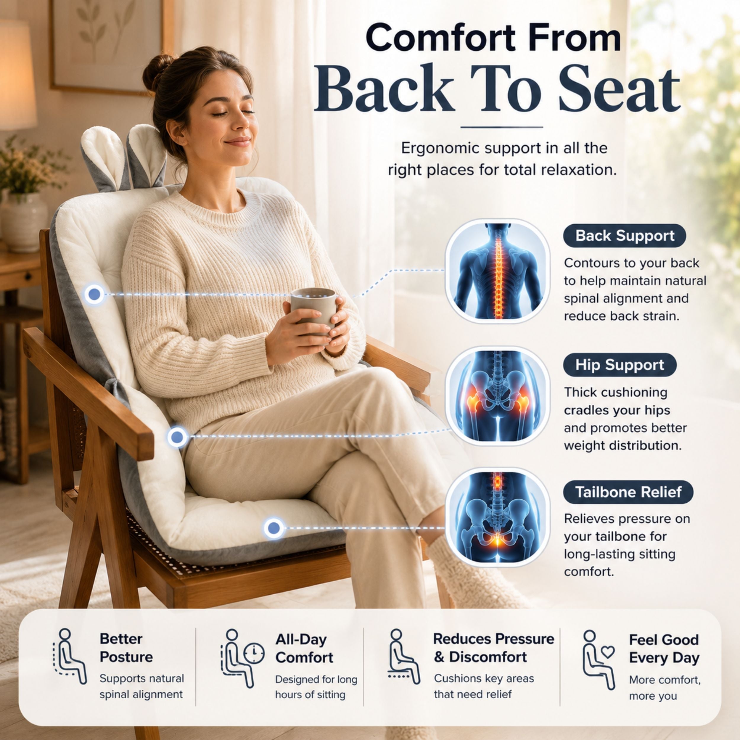 Tailbone Support Seat Pad with Memory Foam for Office Chair Car Wheelchair Relief from Lower Back Sciatica Discomfort Universal Fit Removabl | Thomler