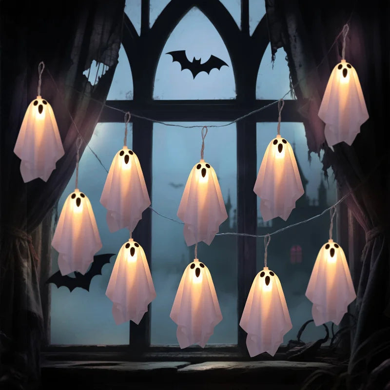 LED Ghost String Lights – Battery or Plug-In Illuminated Hanging Spirits for Spooky Indoor & Outdoor Halloween Decoration | Thomler