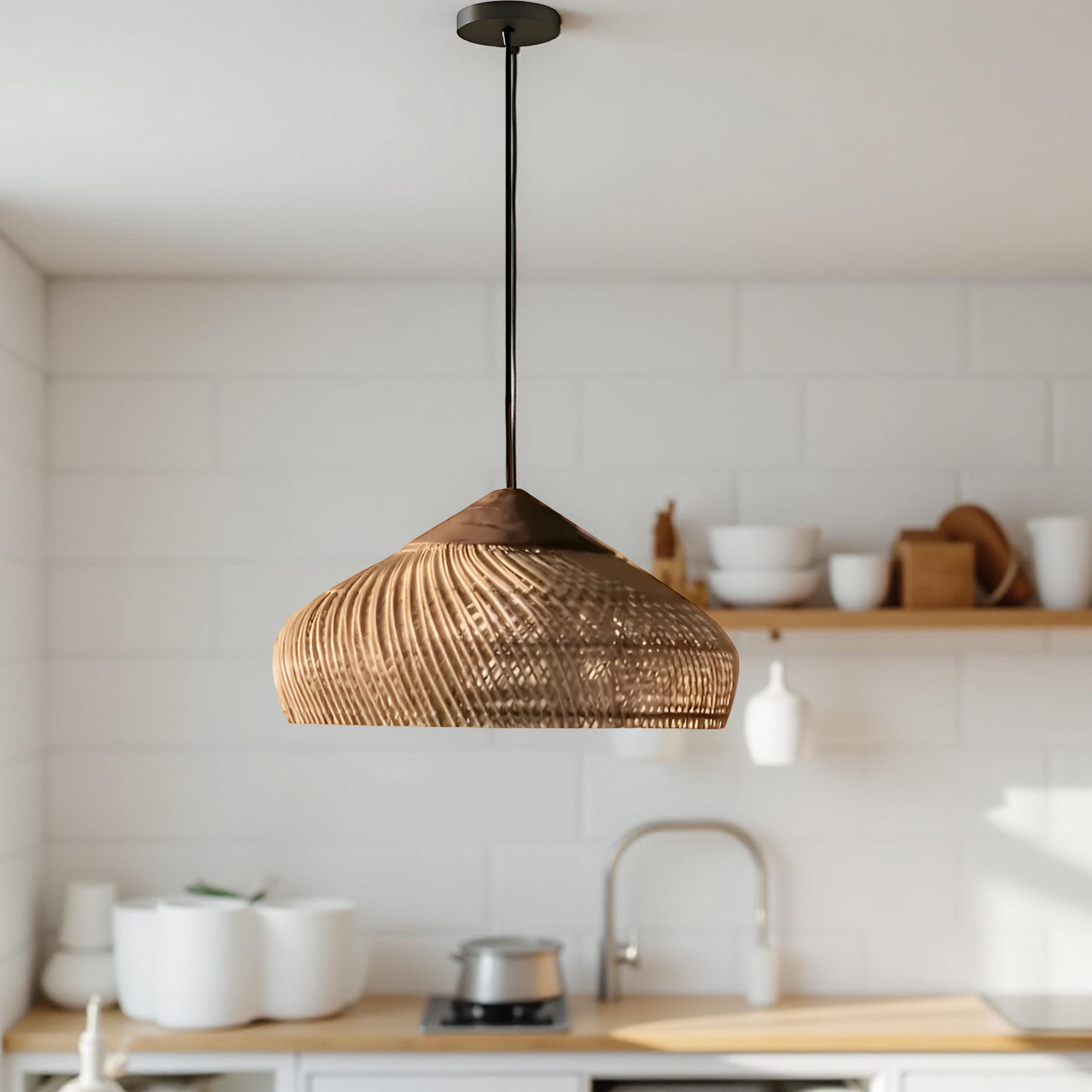 Pendant Light Rattan Woven 23.6 in Natural Dining Room Kitchen Island Hanging Ceiling Lamp Boho Farmhouse Lighting | Thomler