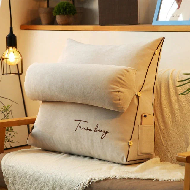 Angled Lumbar Rest Cushion for Bed & Couch – Spine-Friendly Reading Support with Side Pocket | Thomler