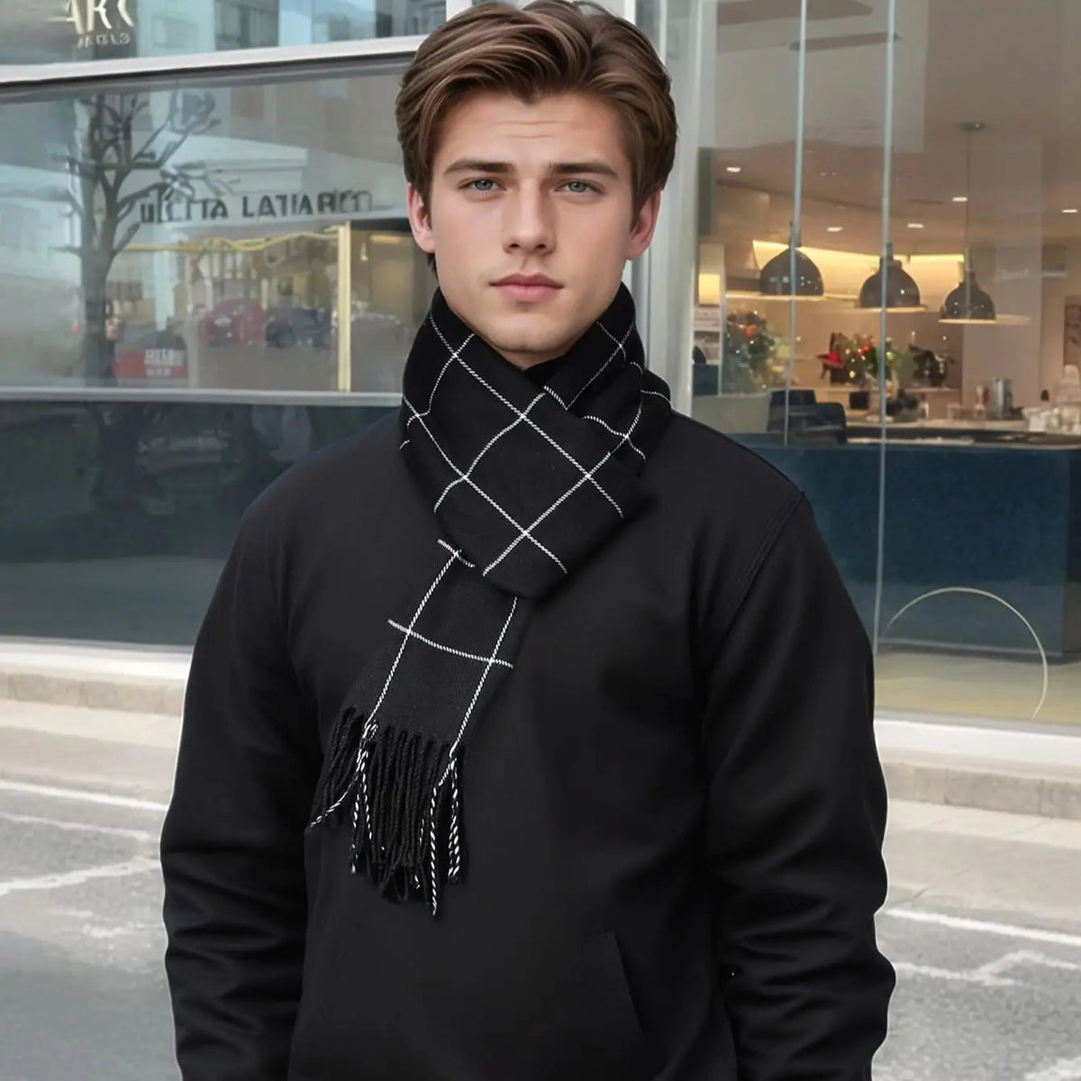 Men's Checkered Cotton-Cashmere Blend Cold-Weather Muffler – Soft, Cozy Neckwear with Tassel Fringe for Winter, Fall & Spring | Thomler