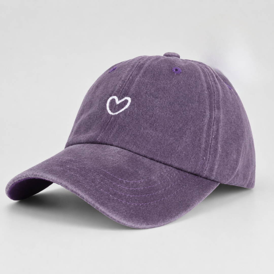 Washed Cotton Baseball Cap with Open-Back for High Ponytails & Messy Buns – Adjustable Retro Style Hat with Embroidered Heart | Thomler