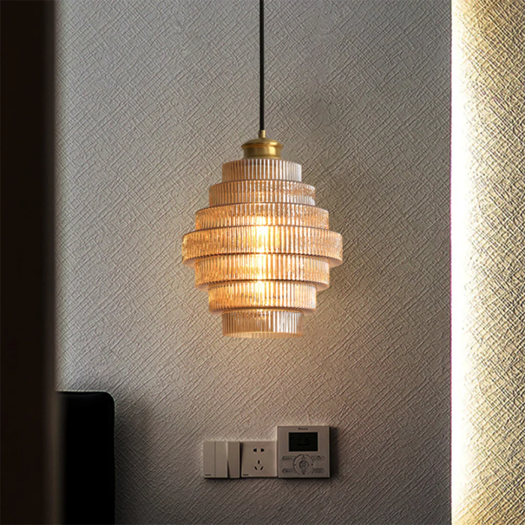 Pendant Light Ribbed Glass Brass Layered Shade Dining Room Kitchen Island Hanging Ceiling Lamp | Thomler