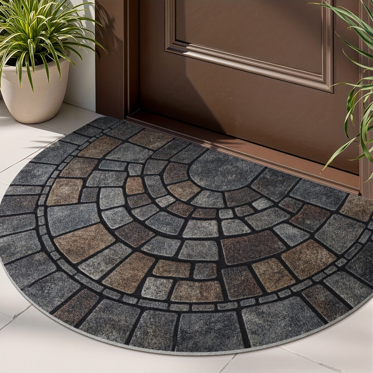 Semicircular Entryway Mat with Cobblestone Pattern for Indoor Outdoor Front Door Patio Garden Non-Slip Polyester Rug | Thomler
