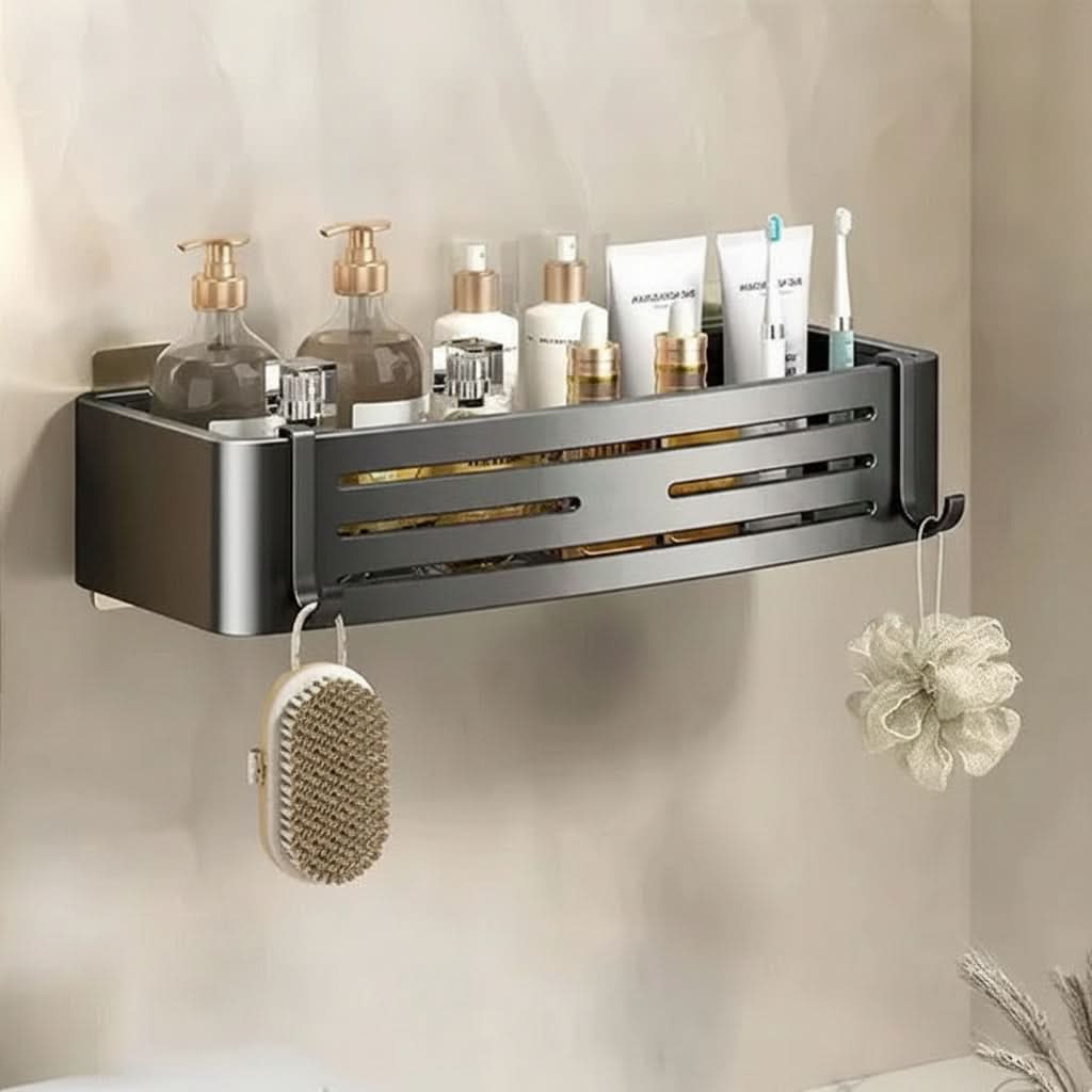 Drill-Free Aluminum Shower Caddy with Adhesive Mount – Rust-Resistant Storage Organizer for Toiletries, Shampoo & Bathroom Essentials | Thomler