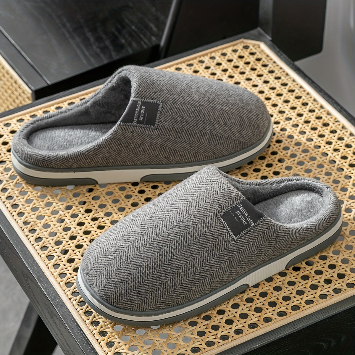 Men's Plush Herringbone Slippers – Warm Indoor House Shoes with Non-Slip Grip for Fall & Winter | Thomler
