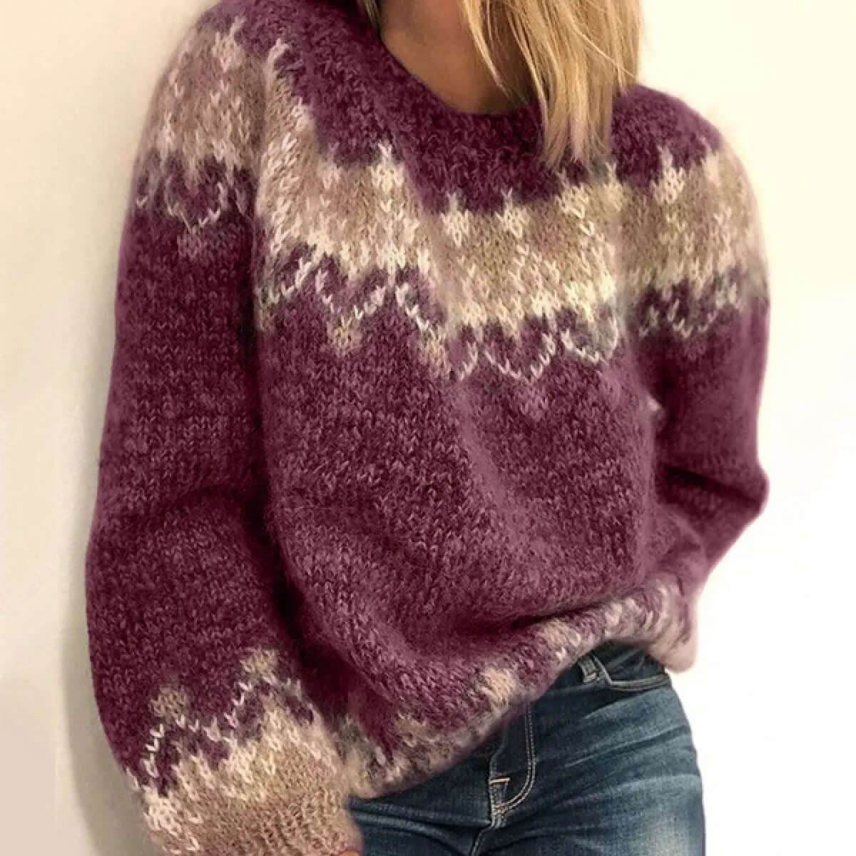 Nordic Pattern Crewneck Sweater – Cozy Knit Pullover for Men & Women – Geometric Winter Top – Ribbed Cuffs & Hem – Layering Essential | Thomler