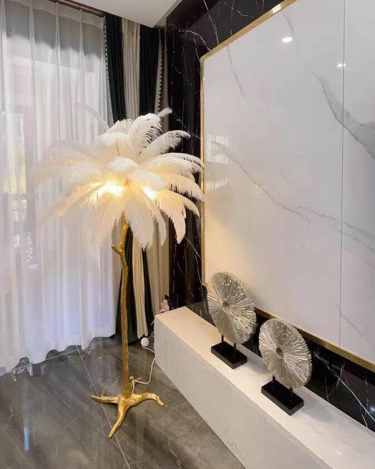 Floor Lamp Feather Shade 160.0 cm White Living Room Bedroom Palm Tree Standing Light Tropical Ambient Lighting | Thomler