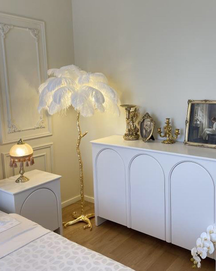 Floor Lamp Feather Shade 160.0 cm White Living Room Bedroom Palm Tree Standing Light Tropical Ambient Lighting | Thomler