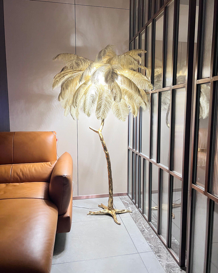Floor Lamp Feather Shade 160.0 cm White Living Room Bedroom Palm Tree Standing Light Tropical Ambient Lighting | Thomler