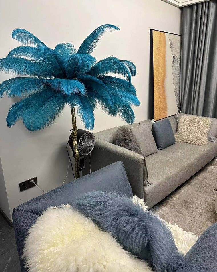 Floor Lamp Feather Shade 160.0 cm White Living Room Bedroom Palm Tree Standing Light Tropical Ambient Lighting | Thomler