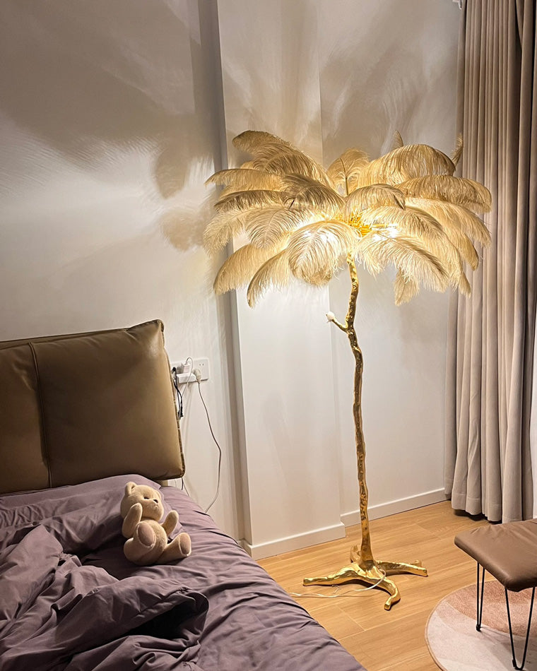 Floor Lamp Feather Shade 160.0 cm White Living Room Bedroom Palm Tree Standing Light Tropical Ambient Lighting | Thomler