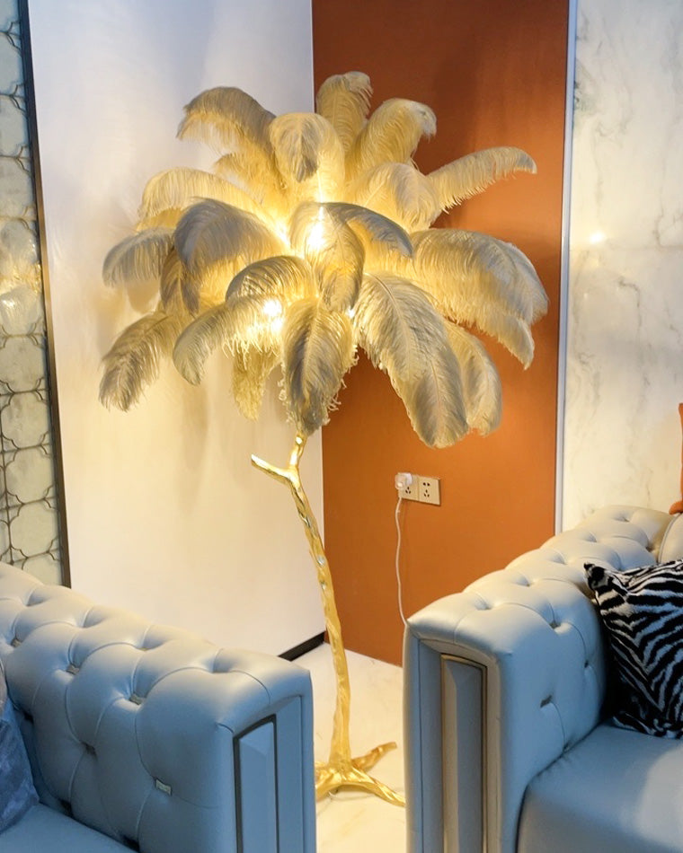 Floor Lamp Feather Shade 160.0 cm White Living Room Bedroom Palm Tree Standing Light Tropical Ambient Lighting | Thomler