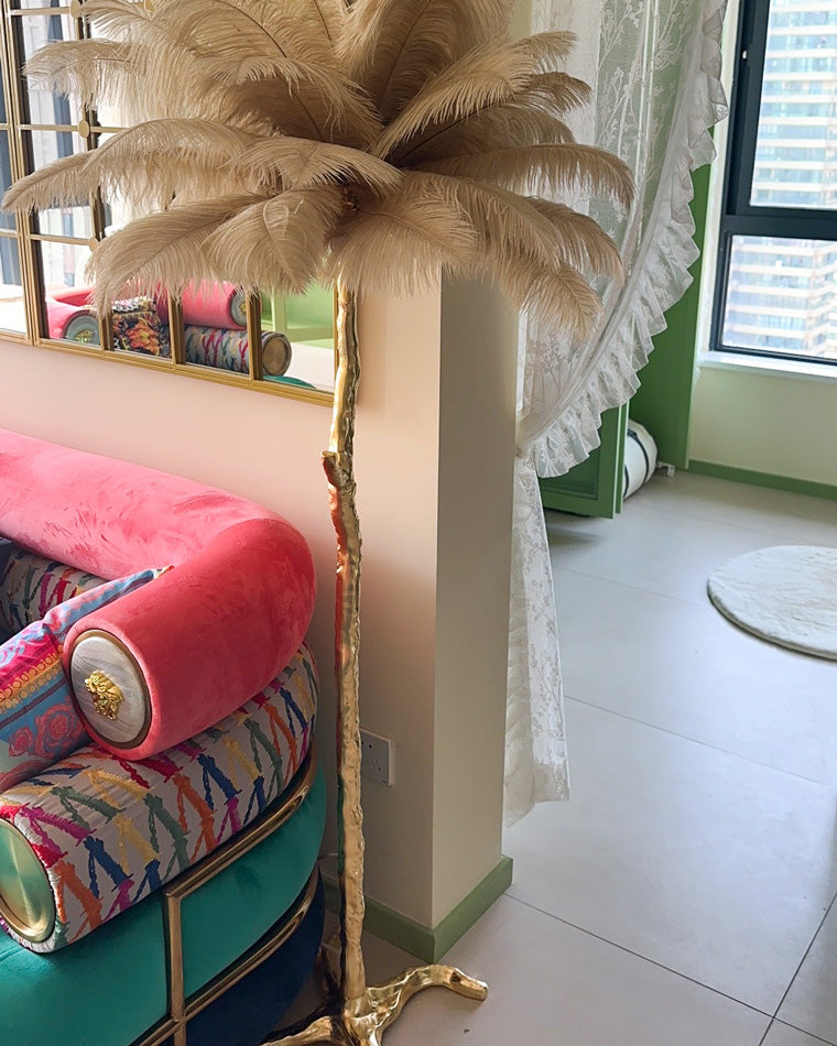 Floor Lamp Feather Shade 160.0 cm White Living Room Bedroom Palm Tree Standing Light Tropical Ambient Lighting | Thomler