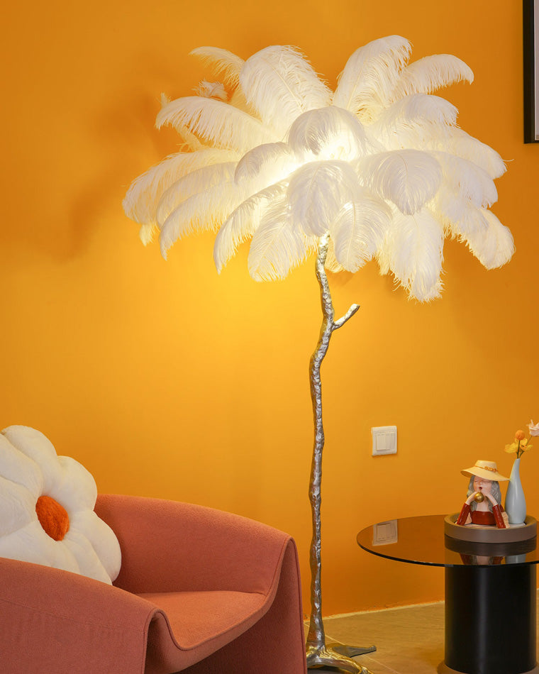 Floor Lamp Feather Shade 160.0 cm White Living Room Bedroom Palm Tree Standing Light Tropical Ambient Lighting | Thomler