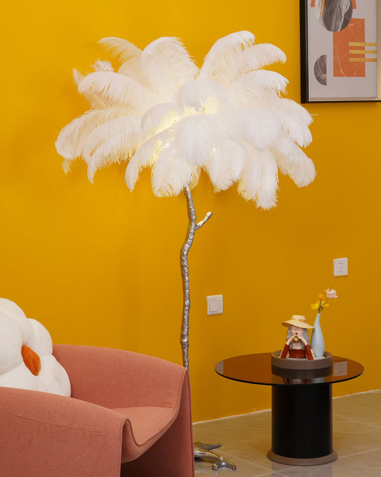 Floor Lamp Feather Shade 160.0 cm White Living Room Bedroom Palm Tree Standing Light Tropical Ambient Lighting | Thomler