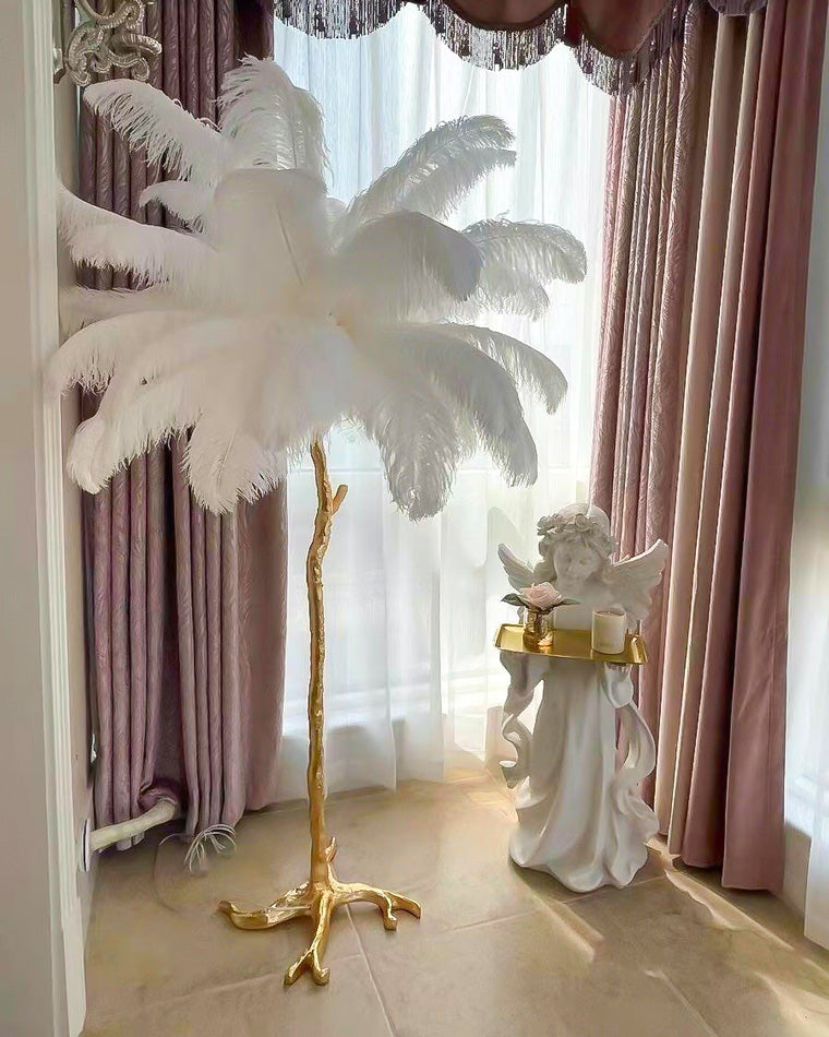 Floor Lamp Feather Shade 160.0 cm White Living Room Bedroom Palm Tree Standing Light Tropical Ambient Lighting | Thomler
