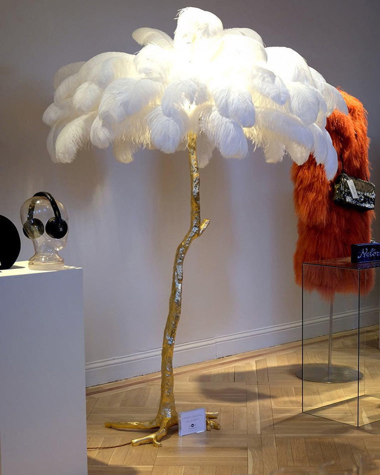 Floor Lamp Feather Shade 160.0 cm White Living Room Bedroom Palm Tree Standing Light Tropical Ambient Lighting | Thomler