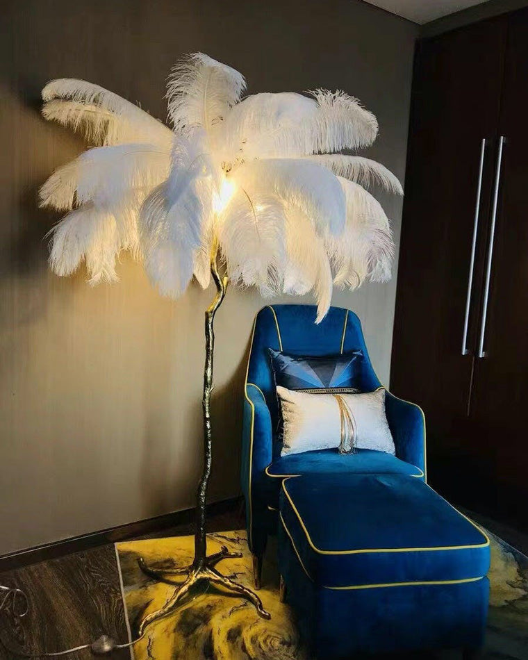 Floor Lamp Feather Shade 160.0 cm White Living Room Bedroom Palm Tree Standing Light Tropical Ambient Lighting | Thomler