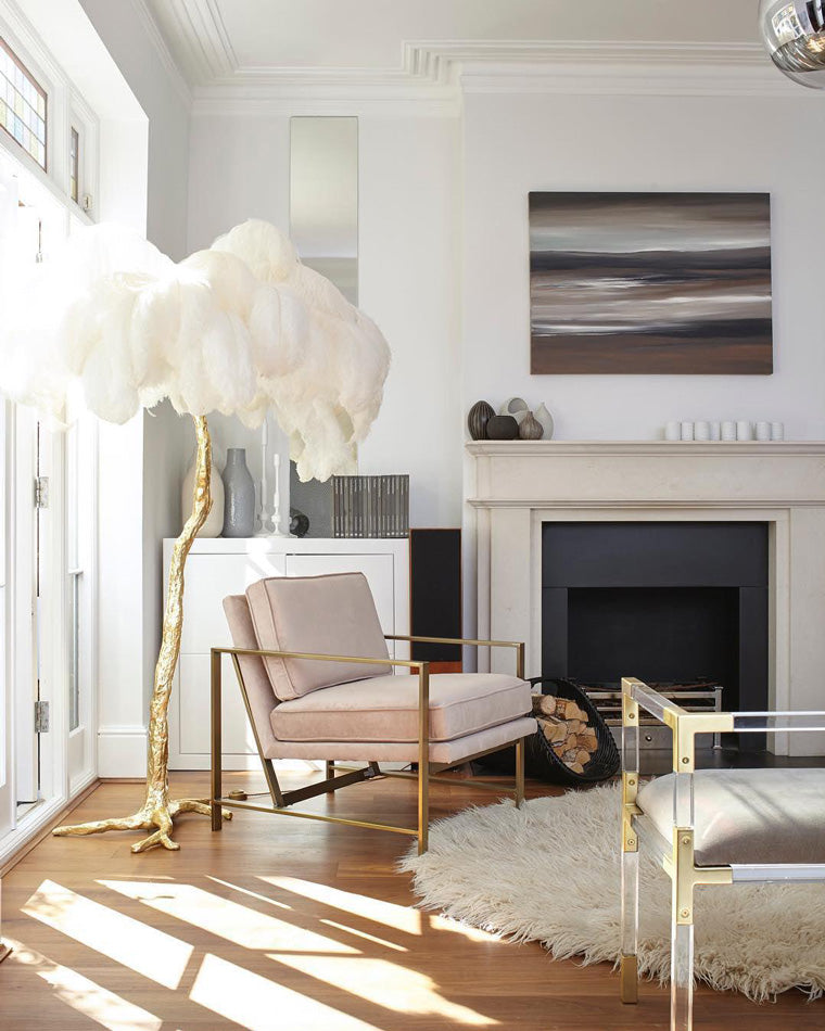 Floor Lamp Feather Shade 160.0 cm White Living Room Bedroom Palm Tree Standing Light Tropical Ambient Lighting | Thomler