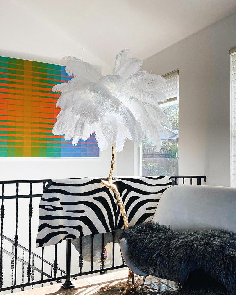 Floor Lamp Feather Shade 160.0 cm White Living Room Bedroom Palm Tree Standing Light Tropical Ambient Lighting | Thomler