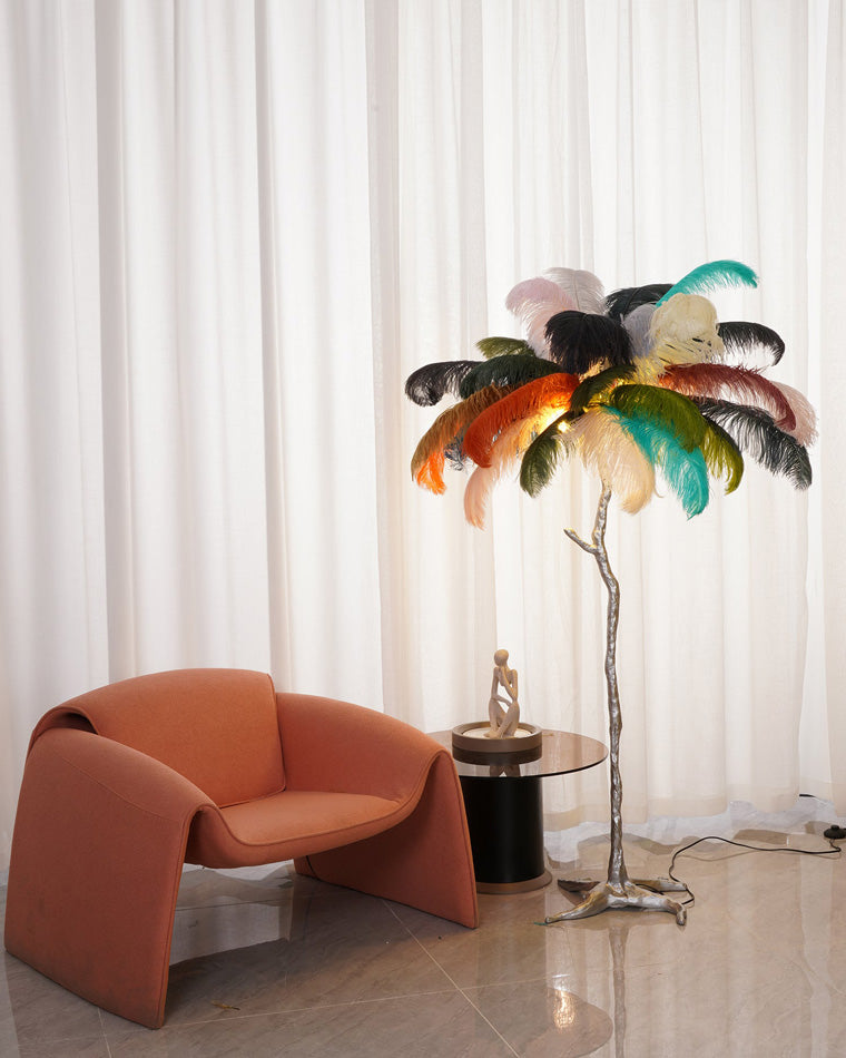 Floor Lamp Feather Shade 160.0 cm White Living Room Bedroom Palm Tree Standing Light Tropical Ambient Lighting | Thomler