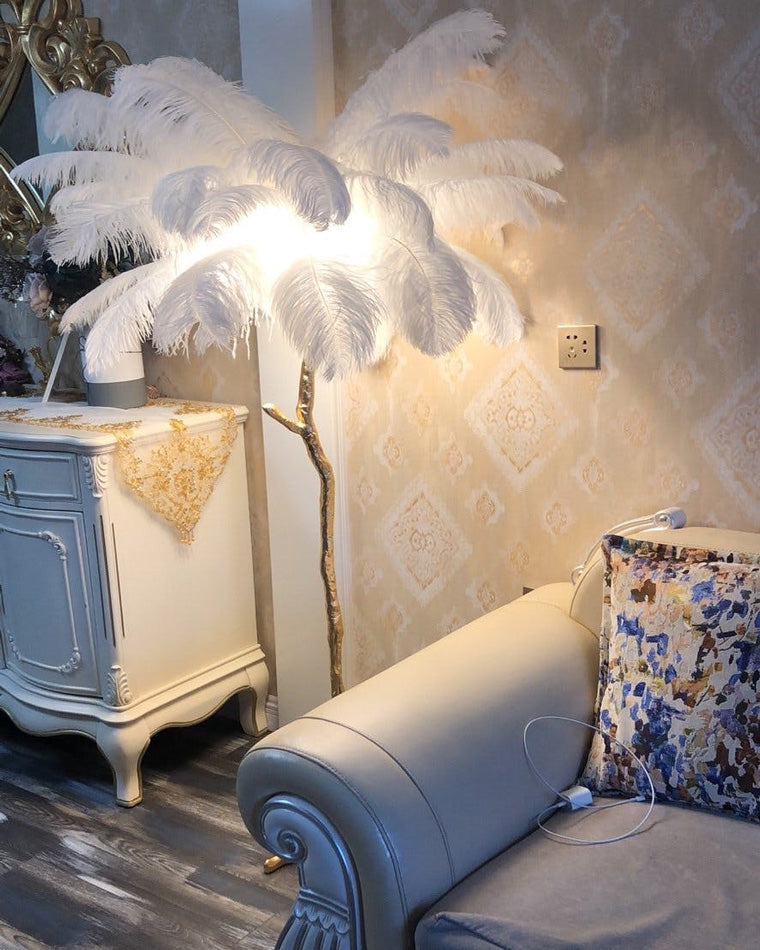 Floor Lamp Feather Shade 160.0 cm White Living Room Bedroom Palm Tree Standing Light Tropical Ambient Lighting | Thomler