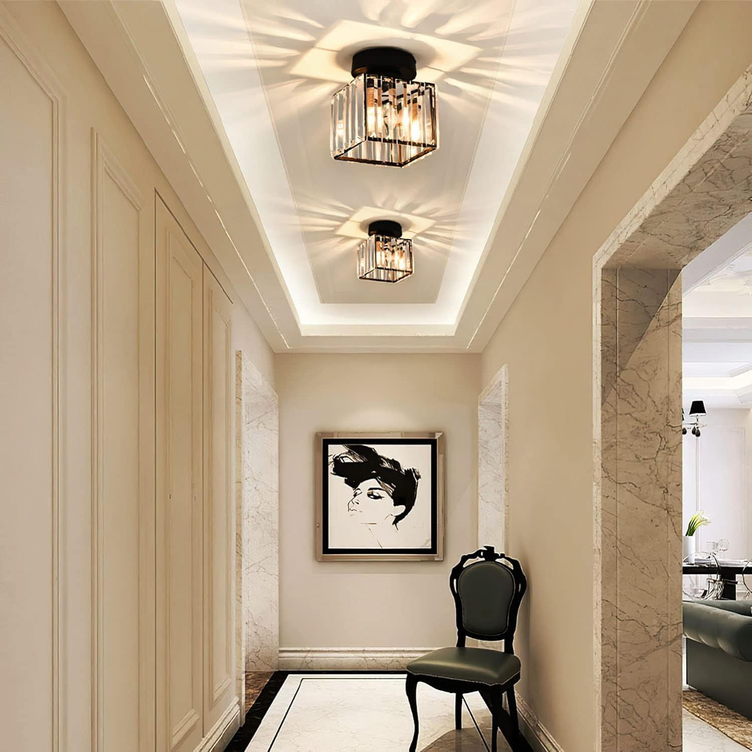 Square Brass Ceiling Light with Crystal Glass Cover – Modern Flush Mount Fixture for Bedroom, Hallway, Living Room & Home Office – E27 | Thomler