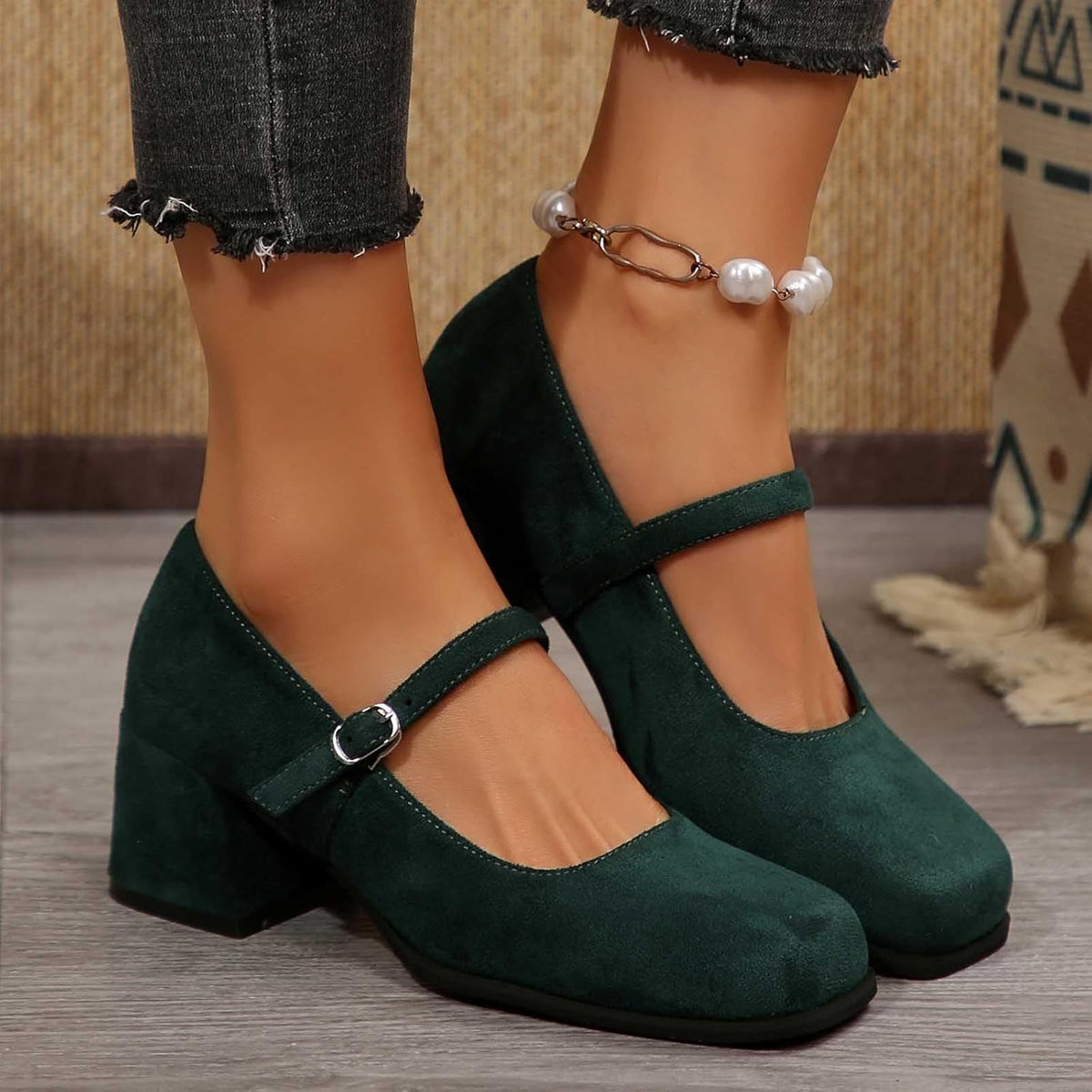 Women's Suede Block-Heel Pumps with Adjustable Buckle Strap | Thomler