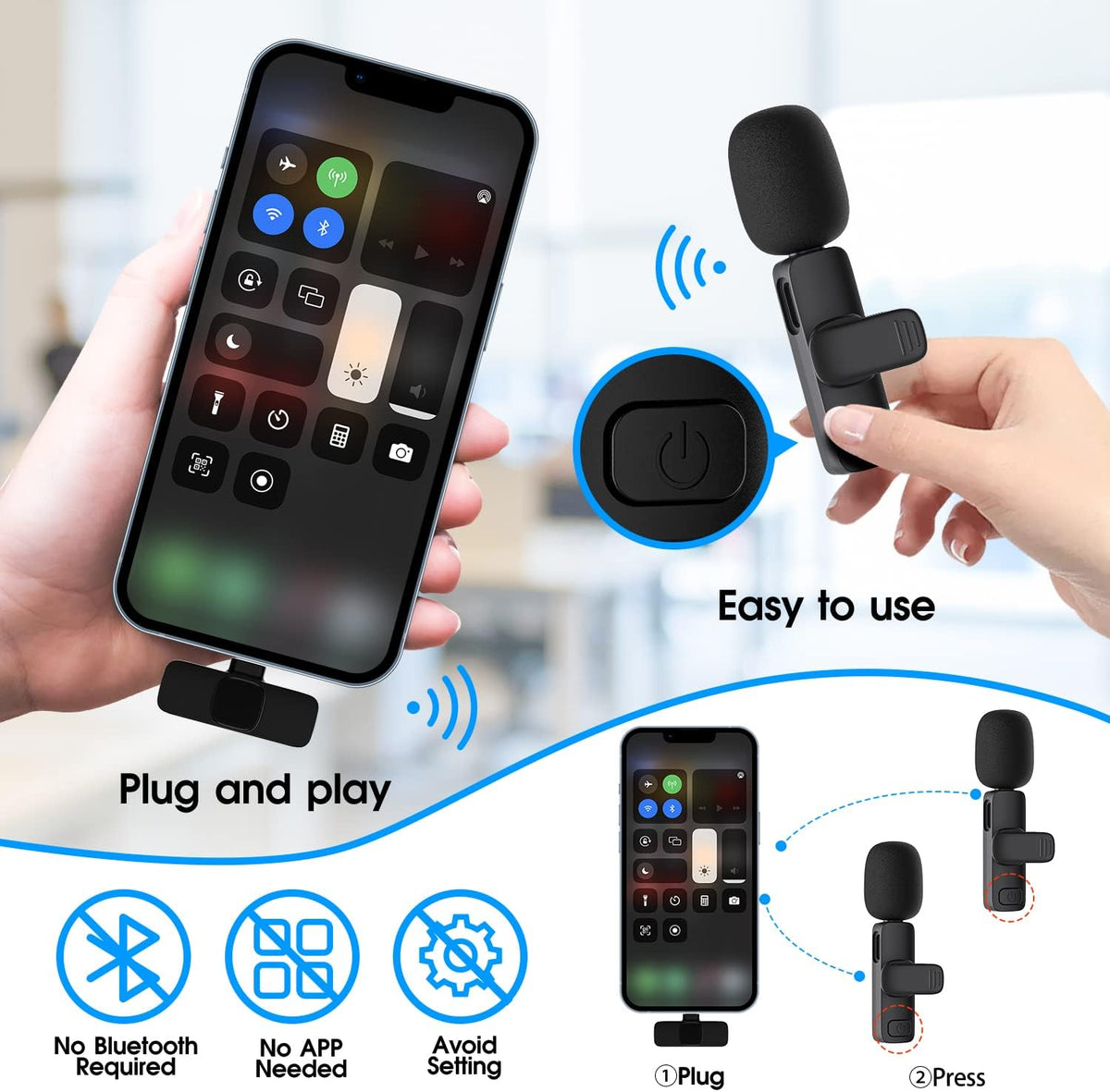 Dual Clip-On Lavalier Mic Set – 2.4GHz Wireless Audio System, 65 ft Range, 8-Hour Battery, Lightning Receiver for iOS Devices, Podcasting | Thomler