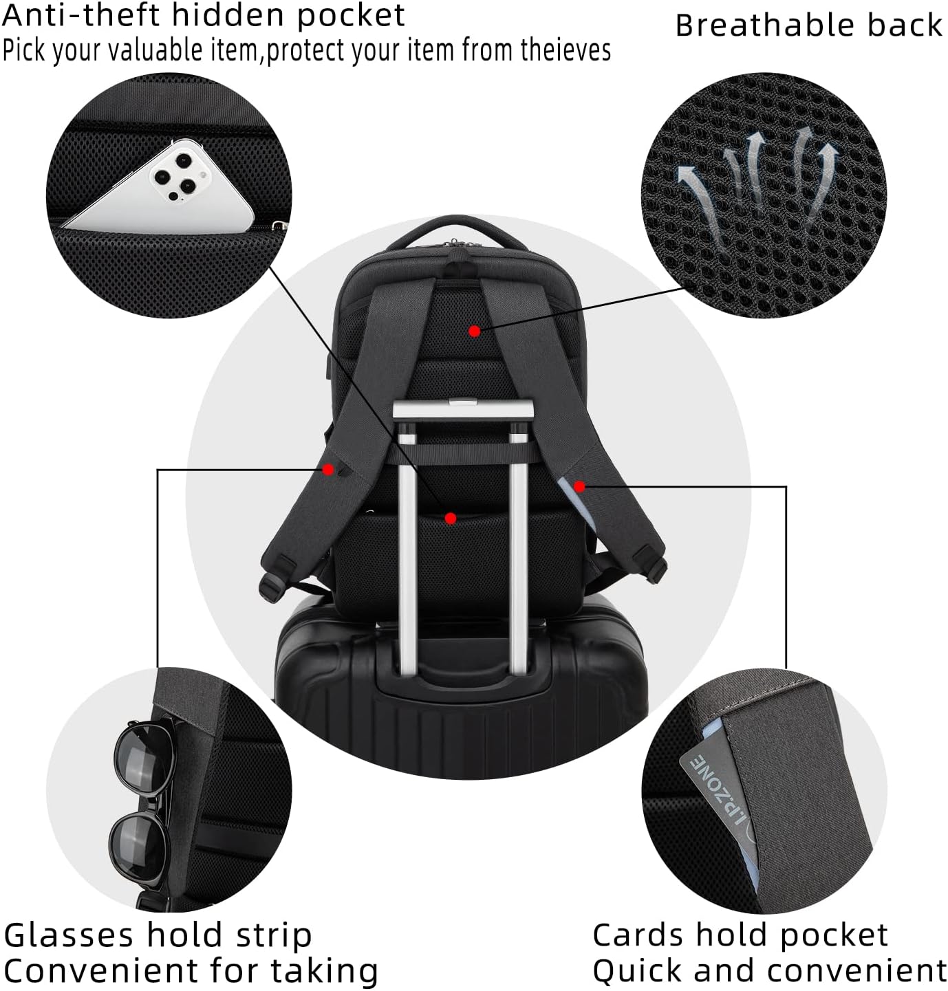 Travel Backpack with USB Charging Port for Laptops up to 17 Inches | Water-Resistant Daypack with Anti-Theft Pocket for Business Work School | Thomler