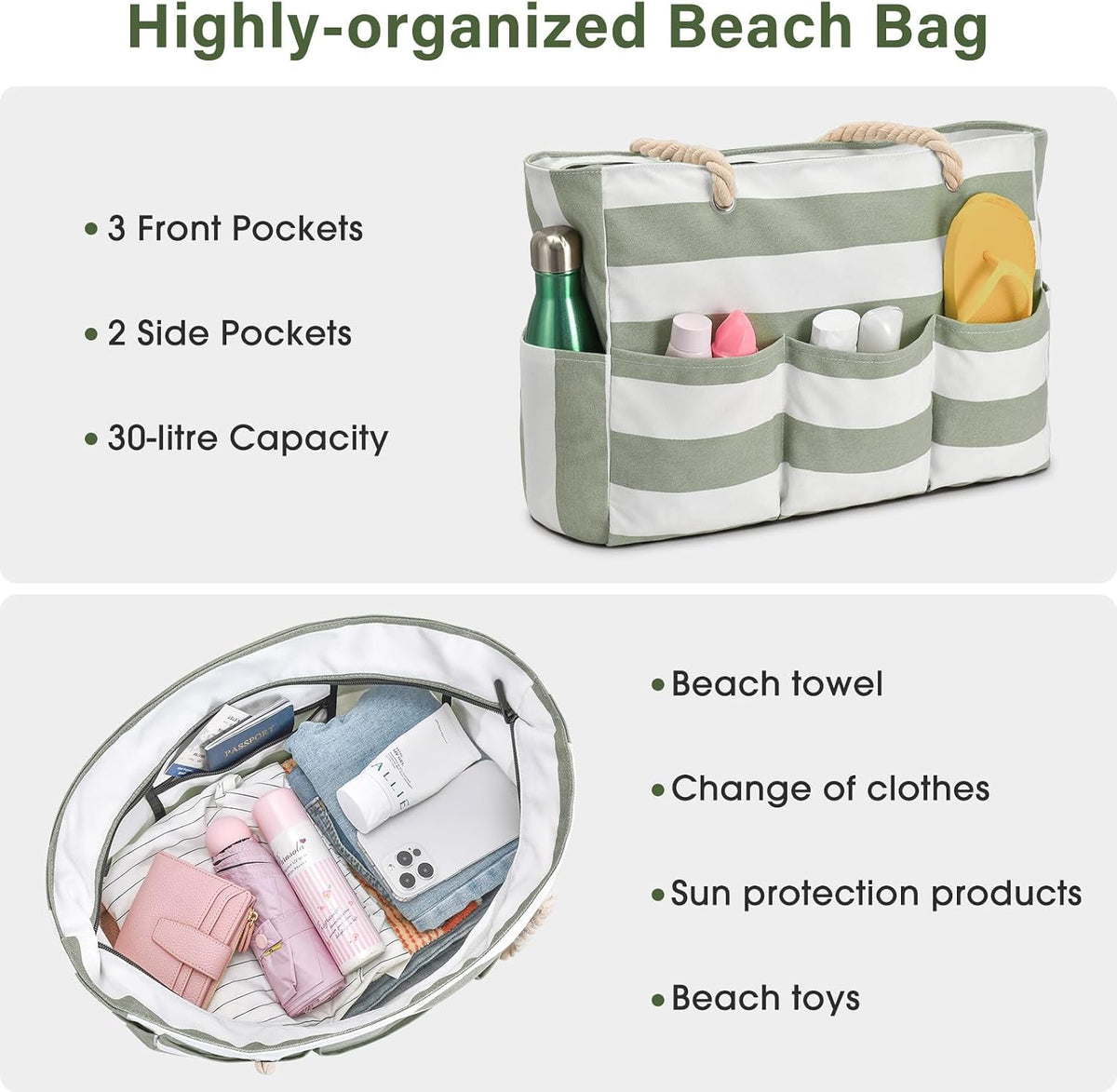 Oversized Water-Resistant Shoulder Tote with Secure Zip Top & 7 Compartments for Towels, Gear & Essentials | Thomler