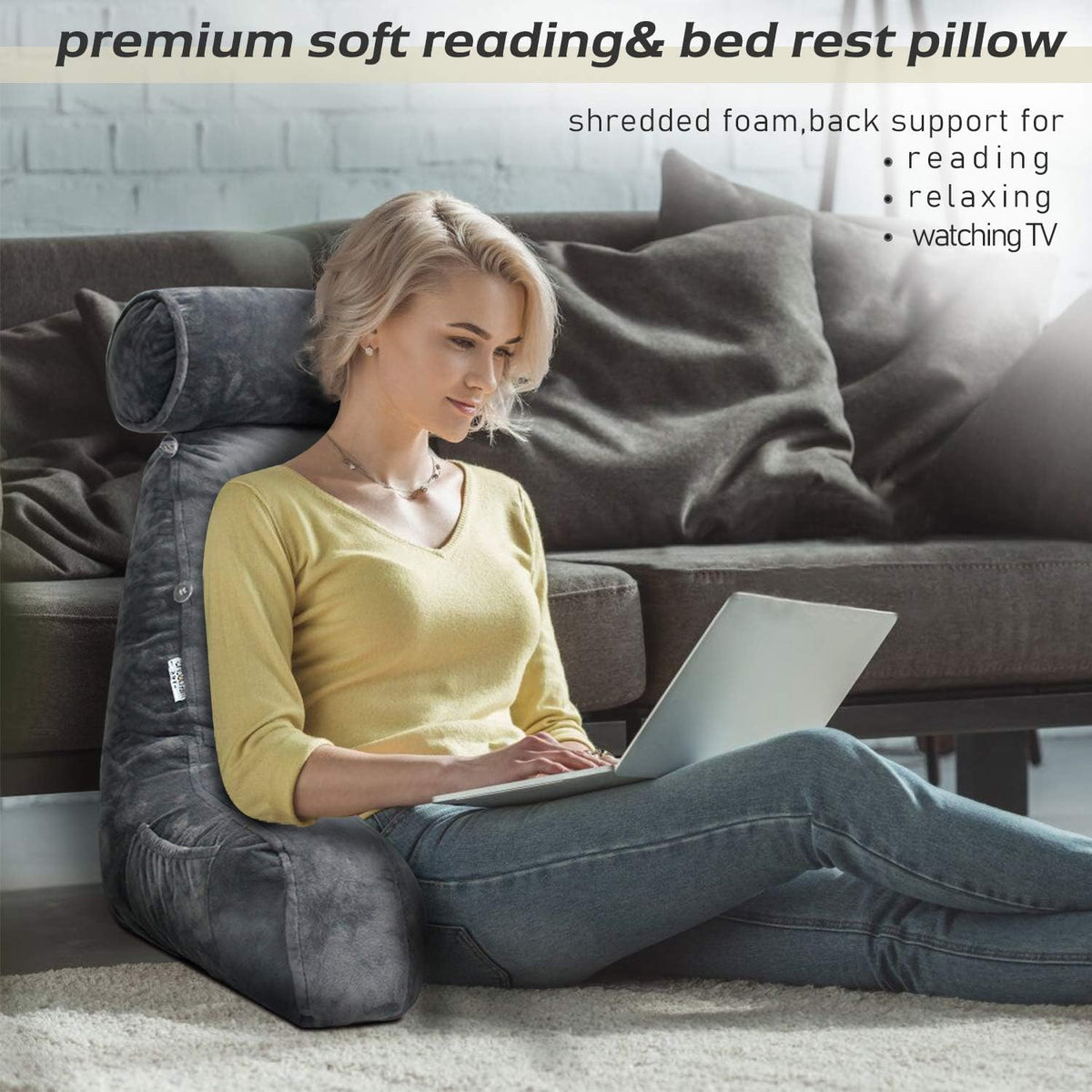 Backrest Cushion with Armrests for Lounging in Bed – Lumbar Support Pillow for TV & Books – Machine Washable Cover, Side Pocket | Thomler