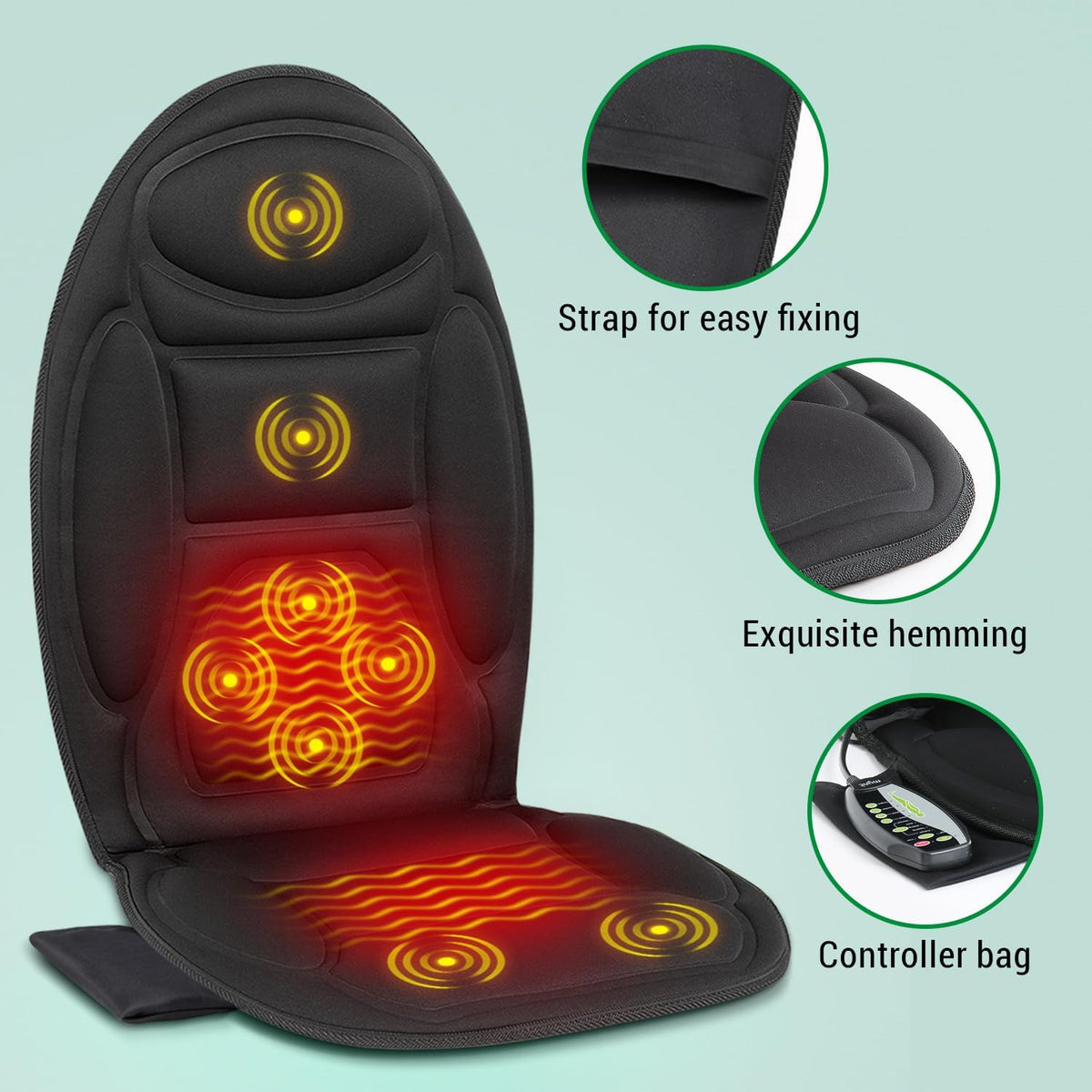 Heated Vibrating Massage Cushion for Office Chair, Car Seat & Recliner – Relieves Back & Leg Tension | Thomler