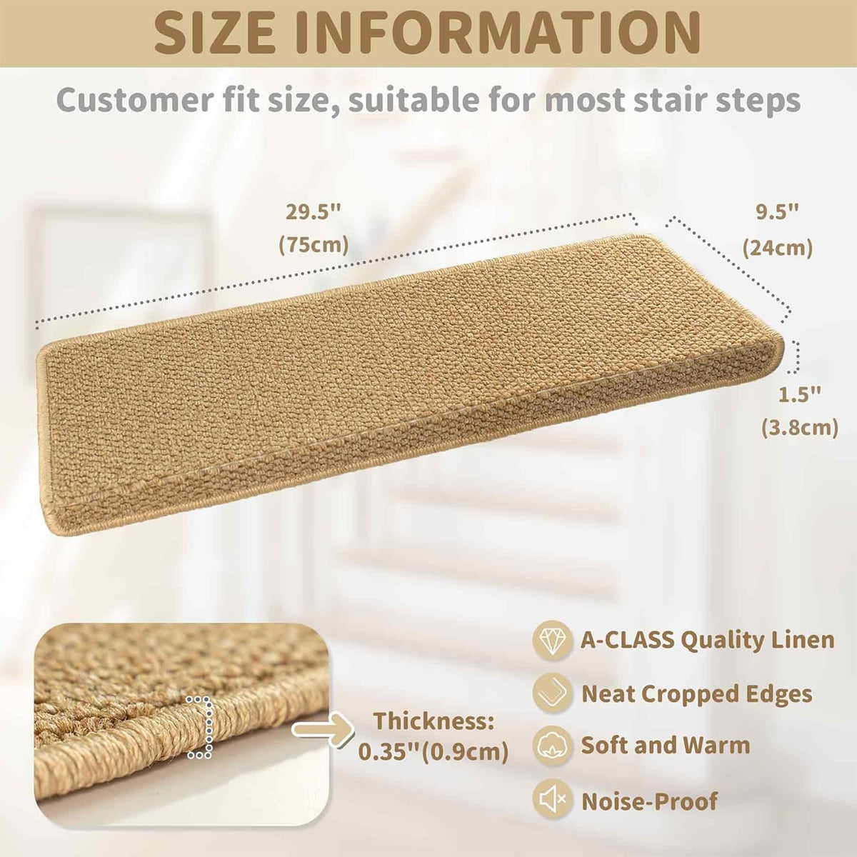 Cushioned Step Covers with Rounded Nose – Self-Adhesive Stairway Pads for Wood & Tile – 14-Pack Set – Beige | Thomler