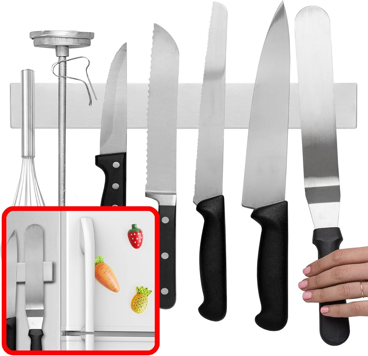 Stainless Steel Magnetic Utensil Strip for Refrigerator & Wall Mount – 14 in Kitchen Organizer | Thomler
