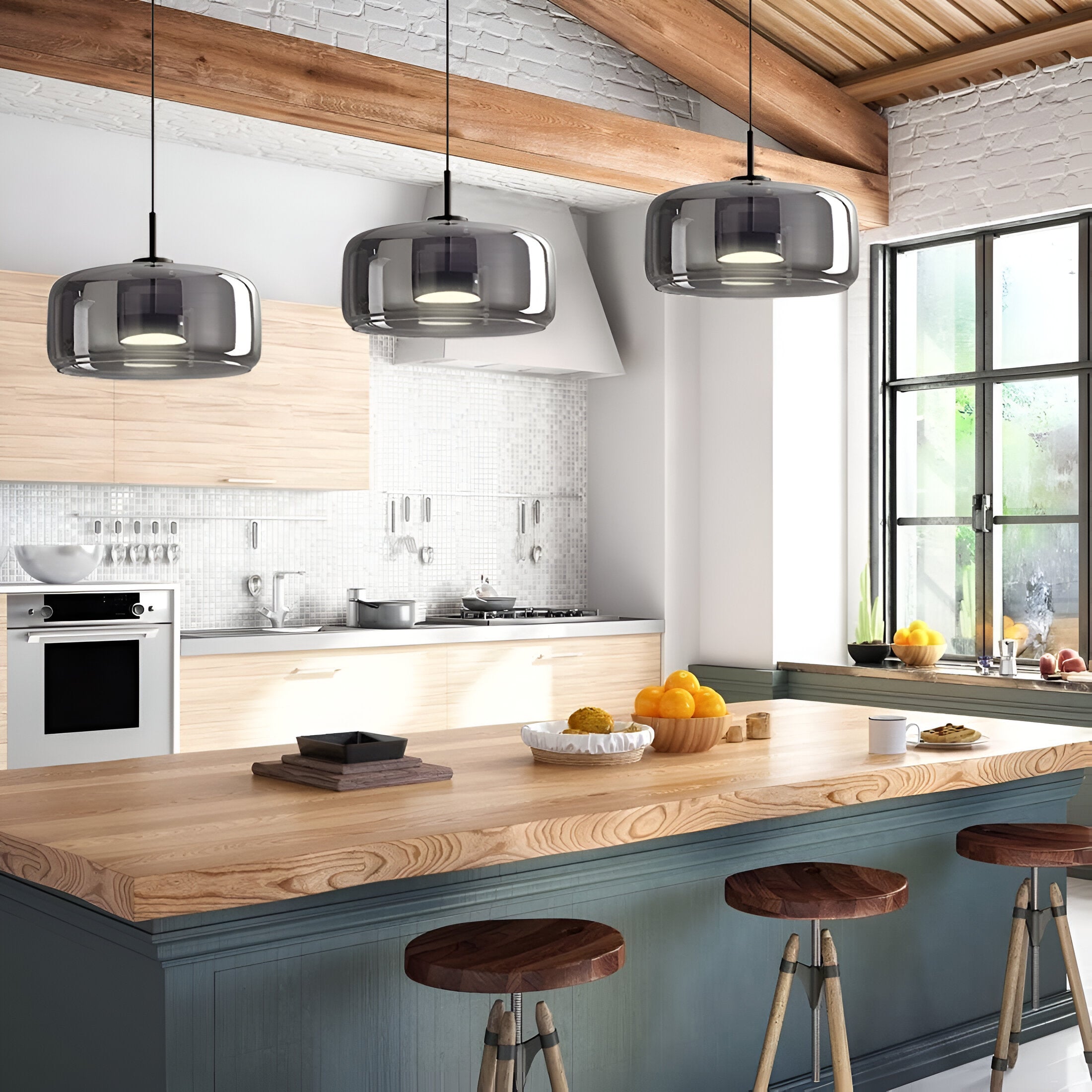 Pendant Light Hand Blown Glass Ø38.0 cm Smoked Grey Dining Room Kitchen Island Adjustable LED Hanging Ceiling Lamp | Thomler