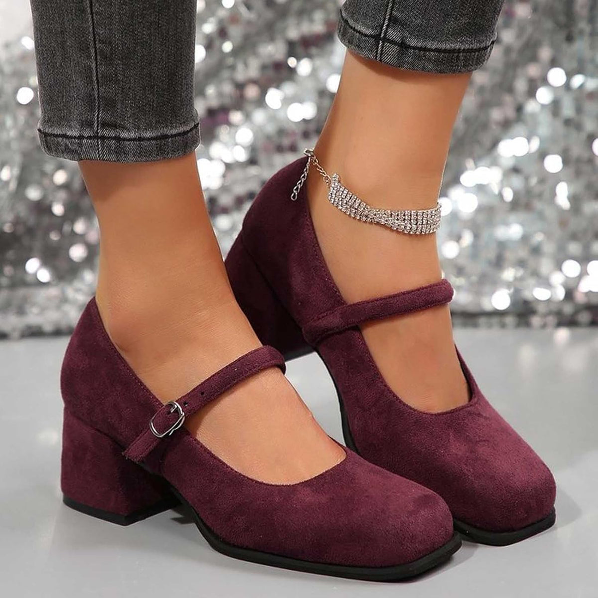 Women's Suede Block-Heel Pumps with Adjustable Buckle Strap | Thomler