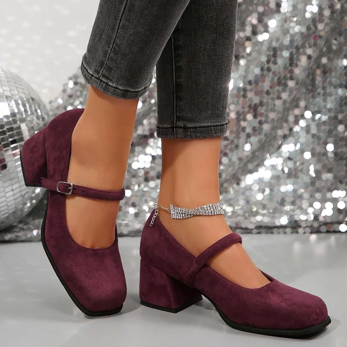 Women's Suede Block-Heel Pumps with Adjustable Buckle Strap | Thomler