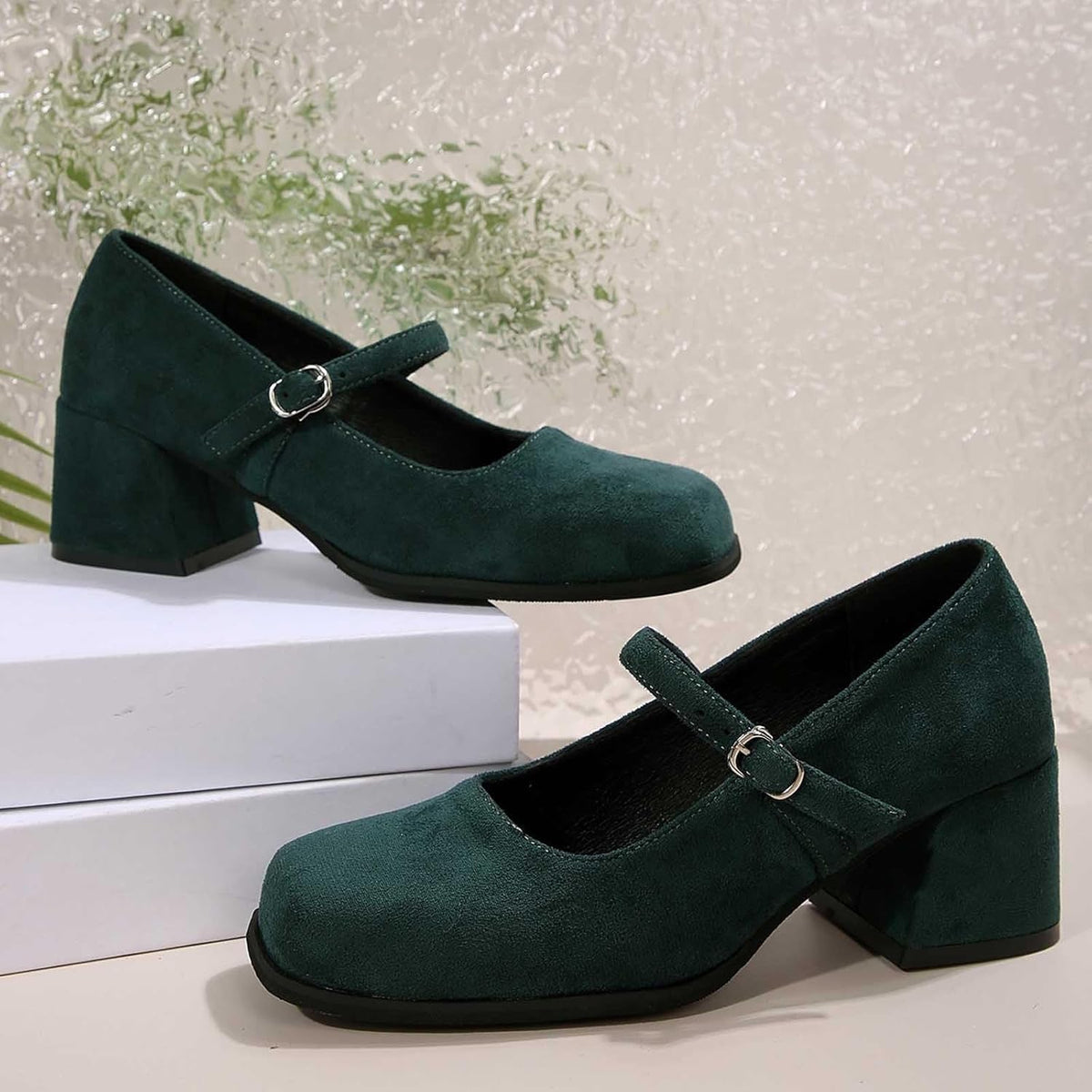 Women's Suede Block-Heel Pumps with Adjustable Buckle Strap | Thomler