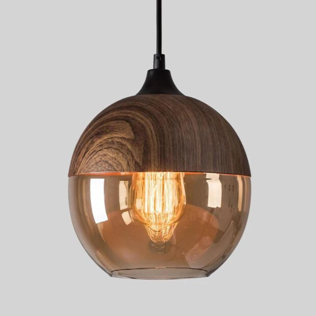 Glass Pendant Light with Wood-Look Metal – Scandinavian Hanging Fixture for Dining Room, Bedroom & Living Room | Thomler