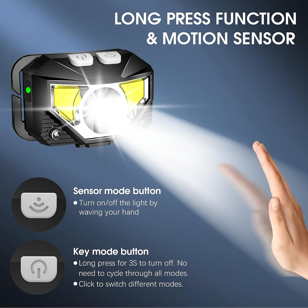 Hands-Free Rechargeable LED Head Torch with Gesture Control & 8 Modes – Lightweight & Weather-Resistant for Camping, Hiking, Repair Work | Thomler